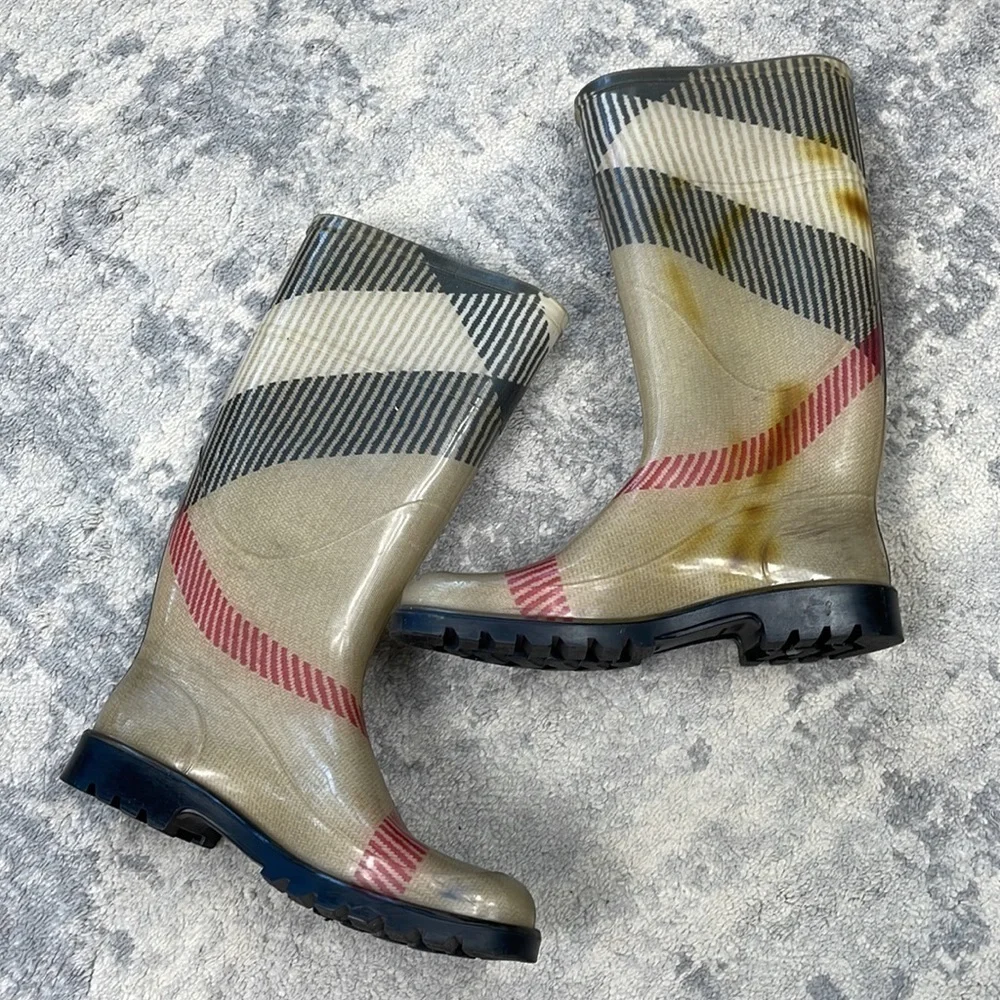 Burberry Nova Check Rubber Rain Boots Mid Calf Beige Plaid Wellies Sz 36
